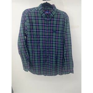 Le Tigre Mens Plaid Button Down Shirt Green Navy Blue Long Sleeve Cotton Medium
